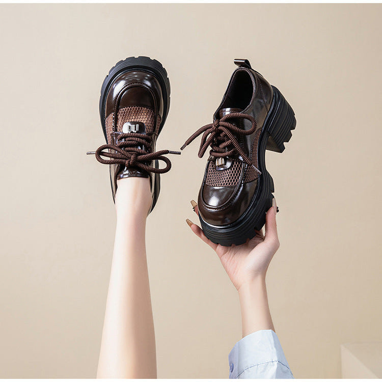 Women's Leather Platform Oxfords - Gothic Lug Sole 7cm Block Chunky High Heel  Lace-Up Shoes