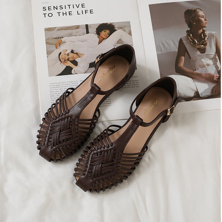 Women's Retro Gladiator Sandals T-Strap Woven Mary Jane Summer Lightweight Flats