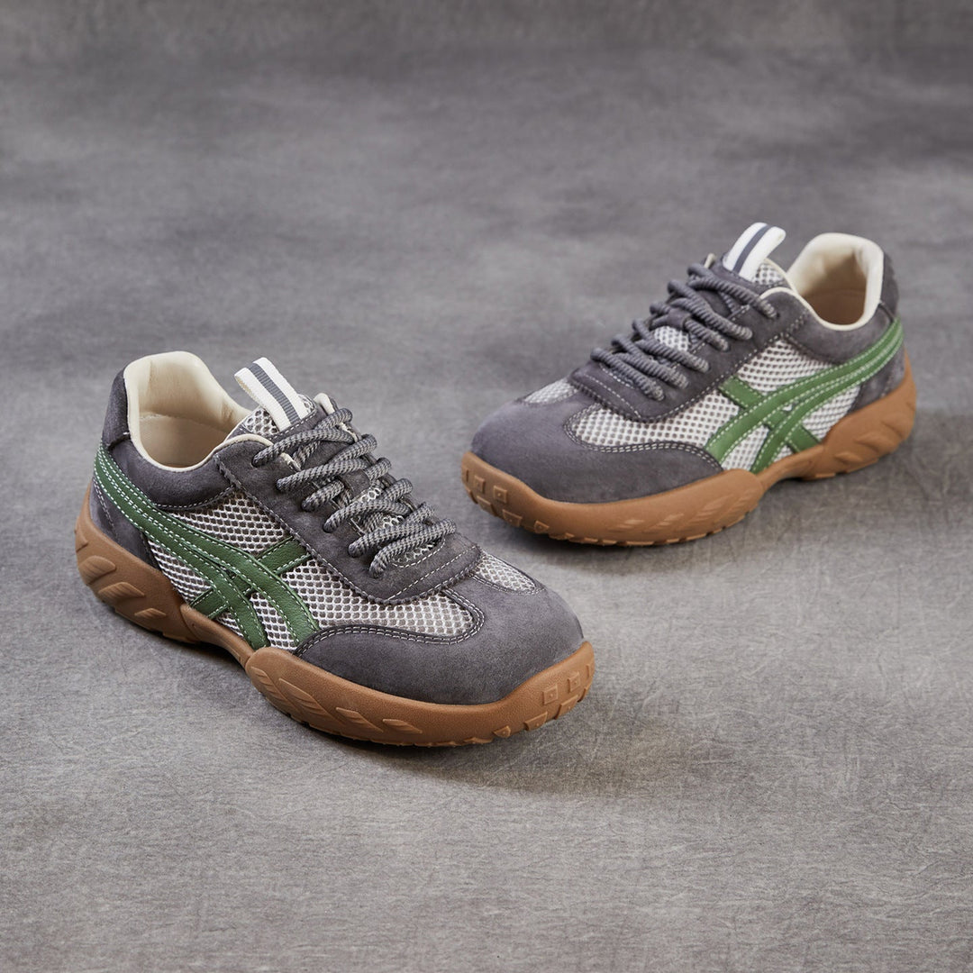 Womens Retro Mesh Running Sneakers Vintage Leather Lace-up Chunky Trainers