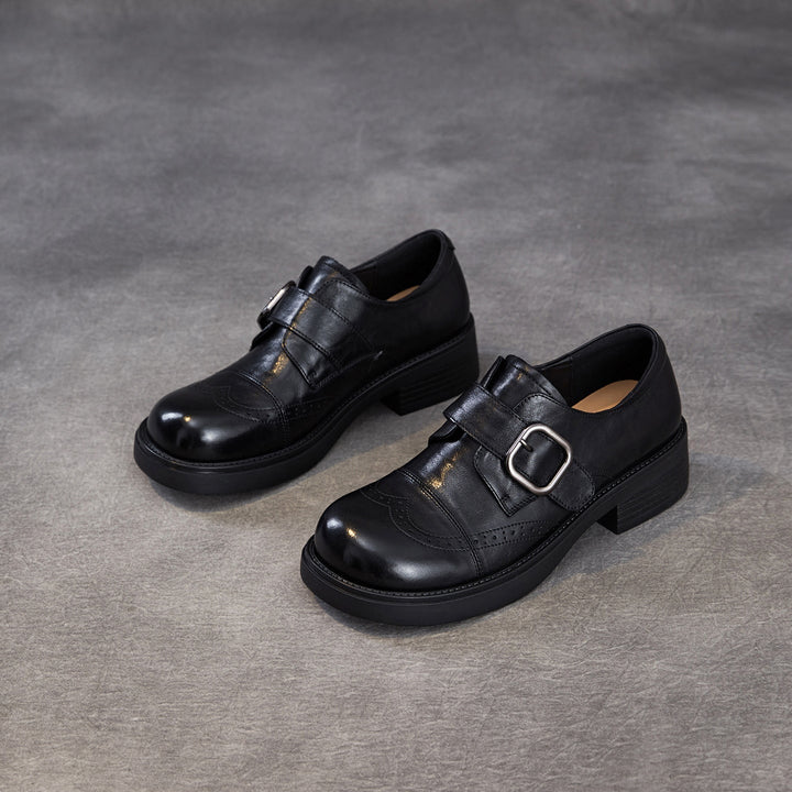 Women's Genuine Leather Chunky Platform Monk Strap Loafers Vintage Brogue Slip-on Shoes
