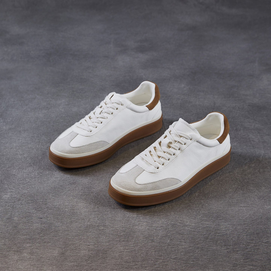Womens Retro Cowhide Suede Patchwork Sneakers Vintage Round Toe Gum Sole Lace-up Flats
