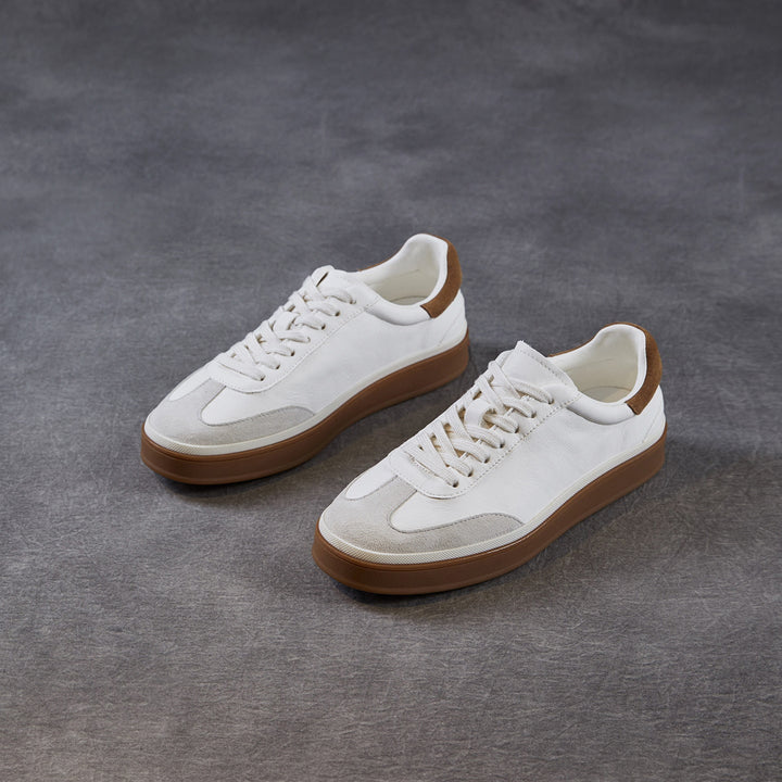 Womens Retro Cowhide Suede Patchwork Sneakers Vintage Round Toe Gum Sole Lace-up Flats