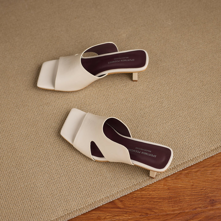 Women's Leather Mules - 5.5cm Kitten Heel - Luxury Lambskin Insole - Square Toe Cut-out