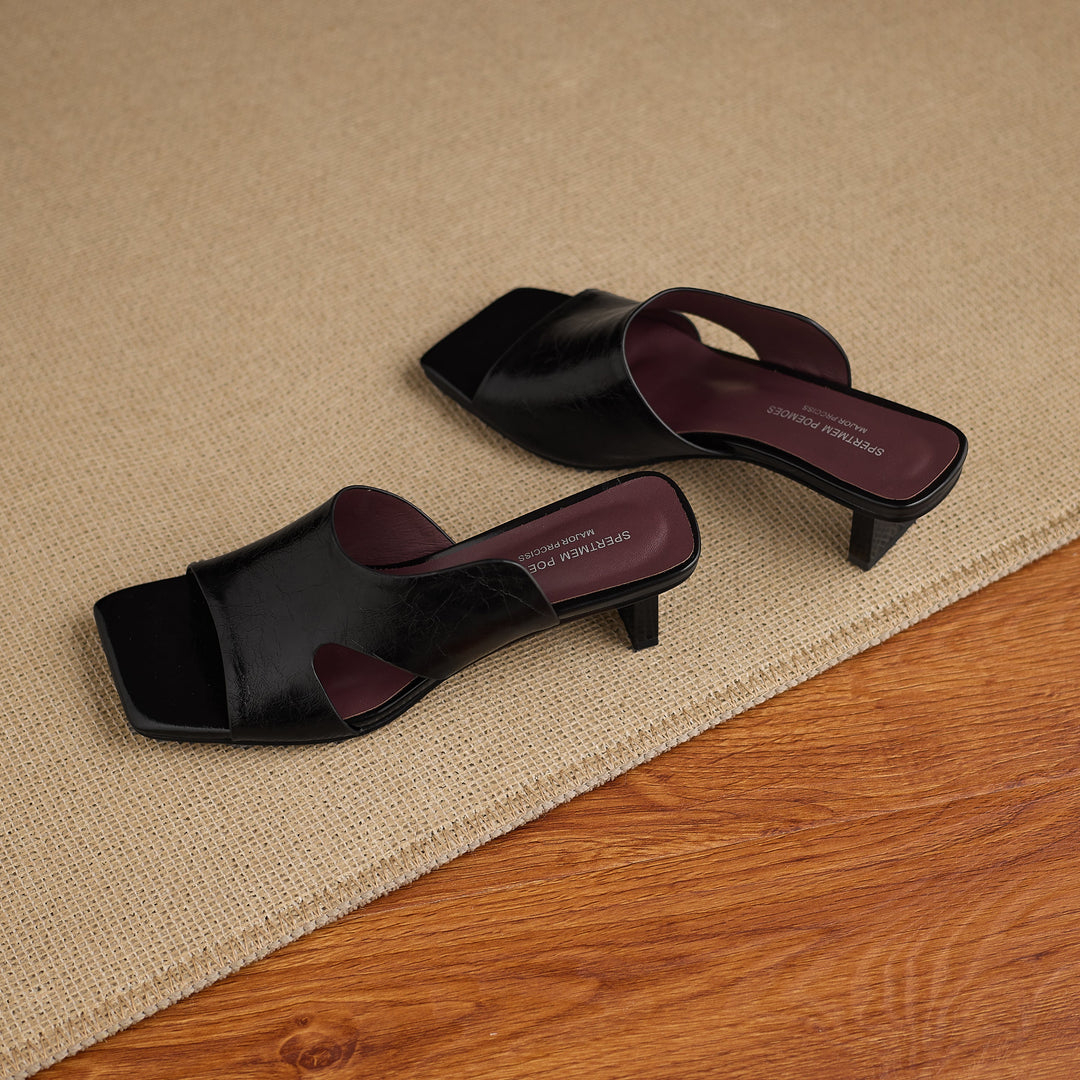 Women's Leather Mules - 5.5cm Kitten Heel - Luxury Lambskin Insole - Square Toe Cut-out