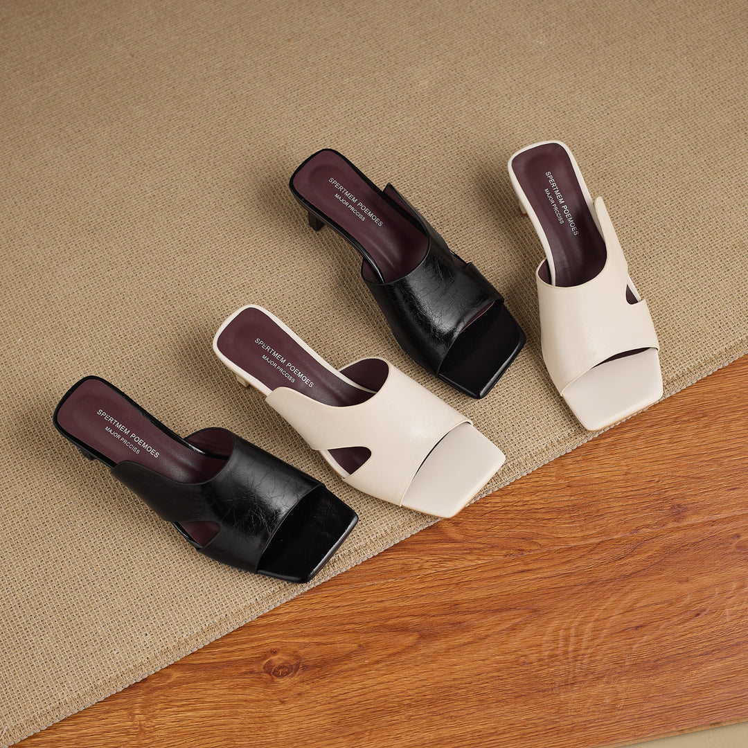 Women's Leather Mules - 5.5cm Kitten Heel - Luxury Lambskin Insole - Square Toe Cut-out