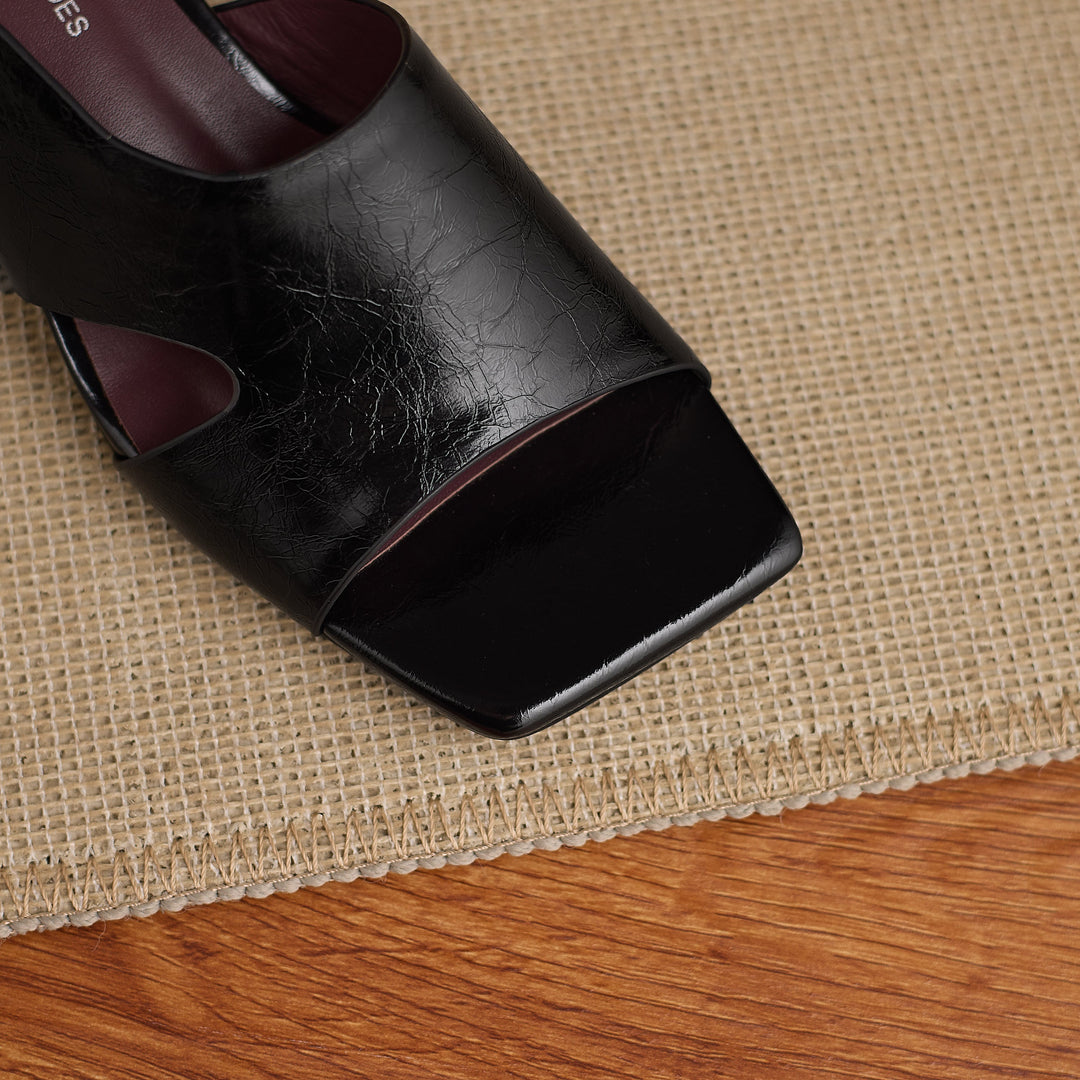 Women's Leather Mules - 5.5cm Kitten Heel - Luxury Lambskin Insole - Square Toe Cut-out