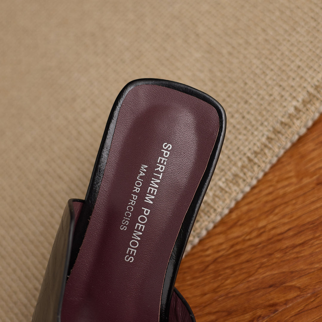 Women's Leather Mules - 5.5cm Kitten Heel - Luxury Lambskin Insole - Square Toe Cut-out