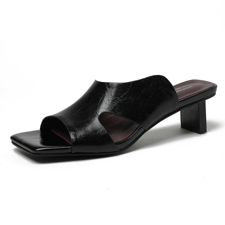 Women's Leather Mules - 5.5cm Kitten Heel - Luxury Lambskin Insole - Square Toe Cut-out