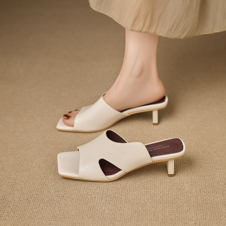 Women's Leather Mules - 5.5cm Kitten Heel - Luxury Lambskin Insole - Square Toe Cut-out