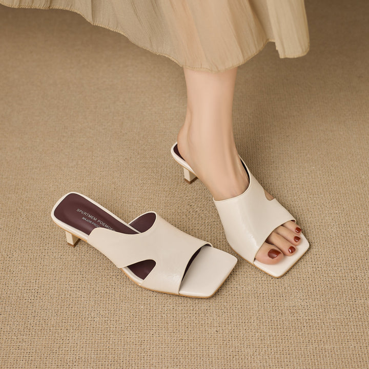 Women's Leather Mules - 5.5cm Kitten Heel - Luxury Lambskin Insole - Square Toe Cut-out
