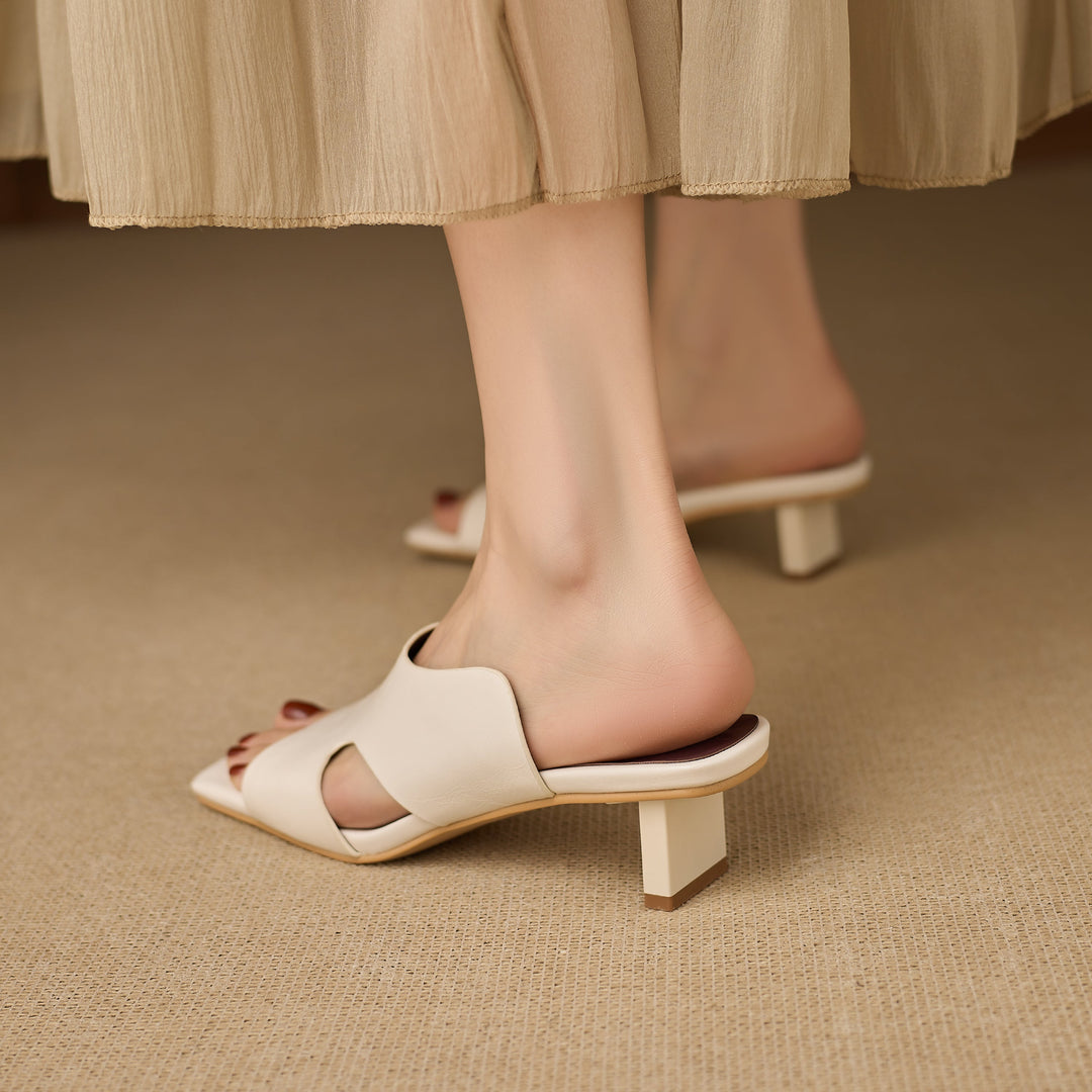 Women's Leather Mules - 5.5cm Kitten Heel - Luxury Lambskin Insole - Square Toe Cut-out
