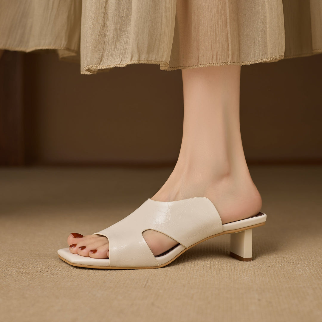 Women's Leather Mules - 5.5cm Kitten Heel - Luxury Lambskin Insole - Square Toe Cut-out