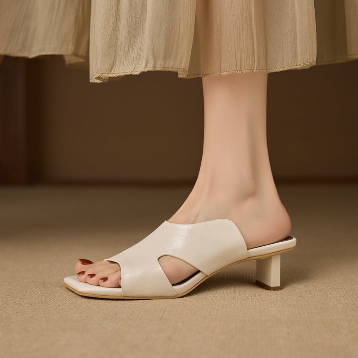 Women's Leather Mules - 5.5cm Kitten Heel - Luxury Lambskin Insole - Square Toe Cut-out
