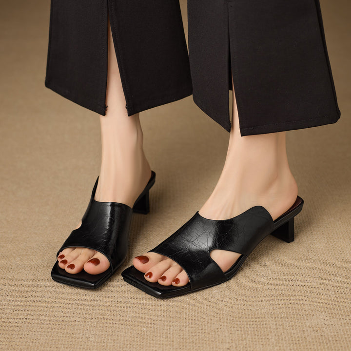 Women's Leather Mules - 5.5cm Kitten Heel - Luxury Lambskin Insole - Square Toe Cut-out