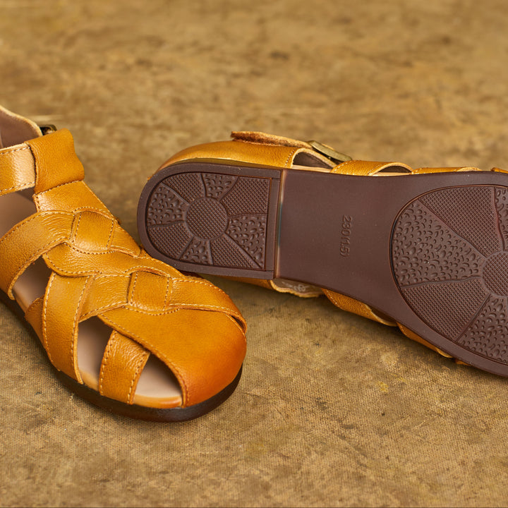Women Handmade Leather Closed Toe Flat Comfort Buckle Fisherman Shoes Sandals