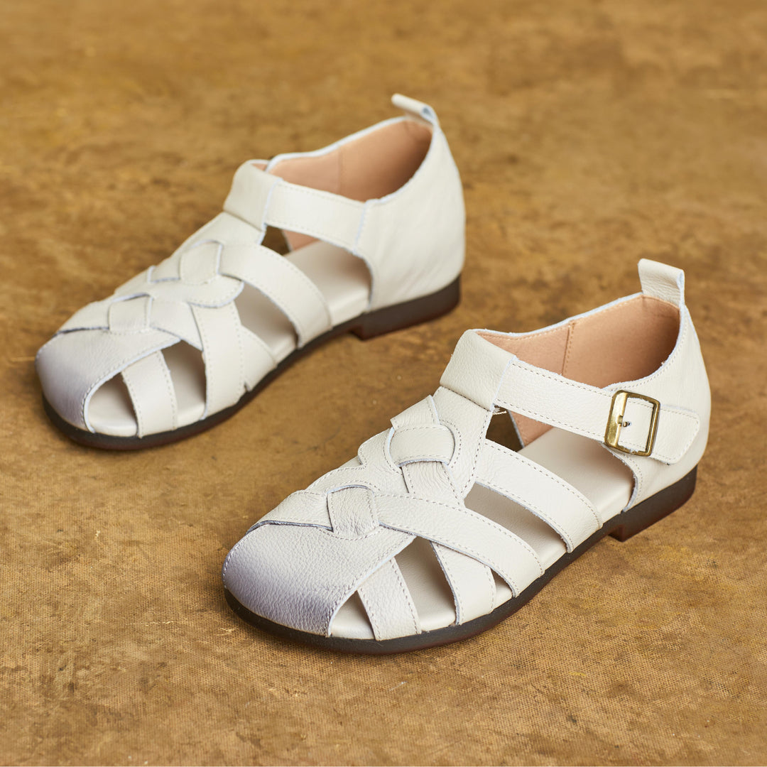 Women Handmade Leather Closed Toe Flat Comfort Buckle Fisherman Shoes Sandals