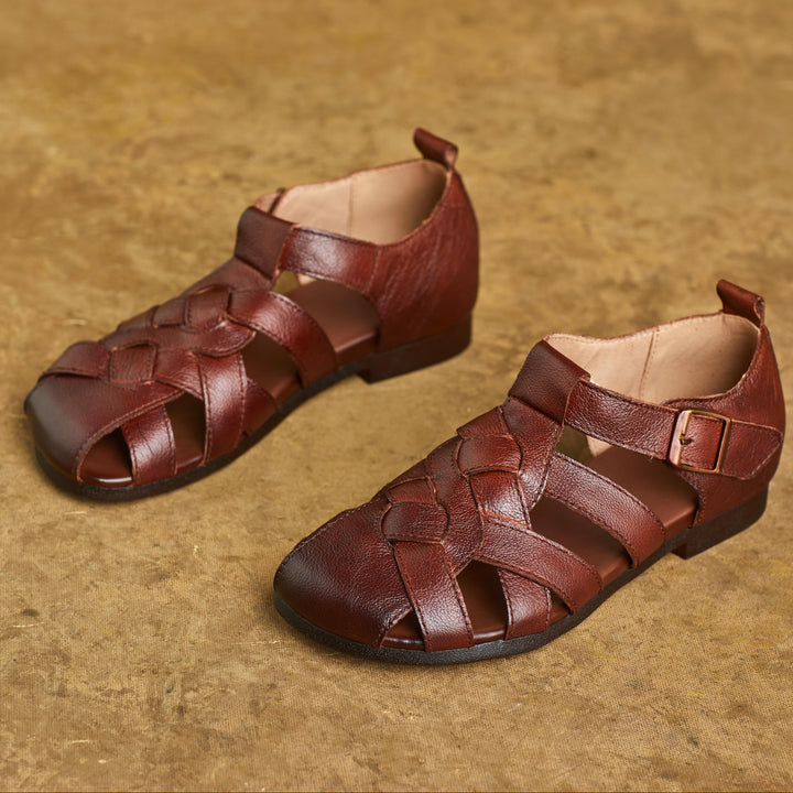 Women Handmade Leather Closed Toe Flat Comfort Buckle Fisherman Shoes Sandals