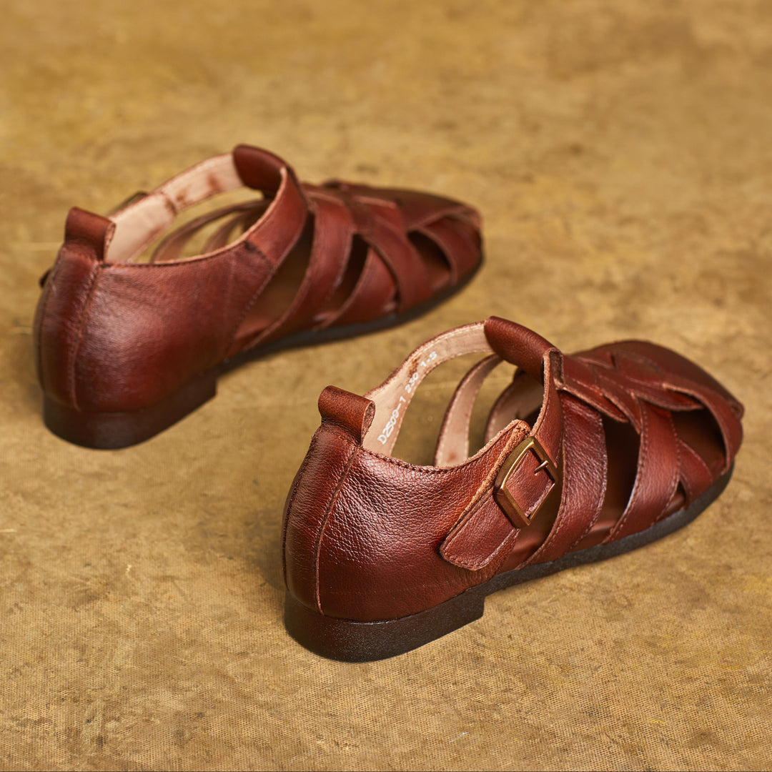 Women Handmade Leather Closed Toe Flat Comfort Buckle Fisherman Shoes Sandals