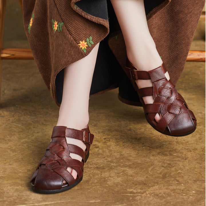 Women Handmade Leather Closed Toe Flat Comfort Buckle Fisherman Shoes Sandals