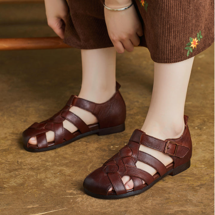Women Handmade Leather Closed Toe Flat Comfort Buckle Fisherman Shoes Sandals