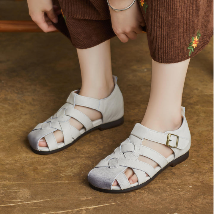 Women Handmade Leather Closed Toe Flat Comfort Buckle Fisherman Shoes Sandals
