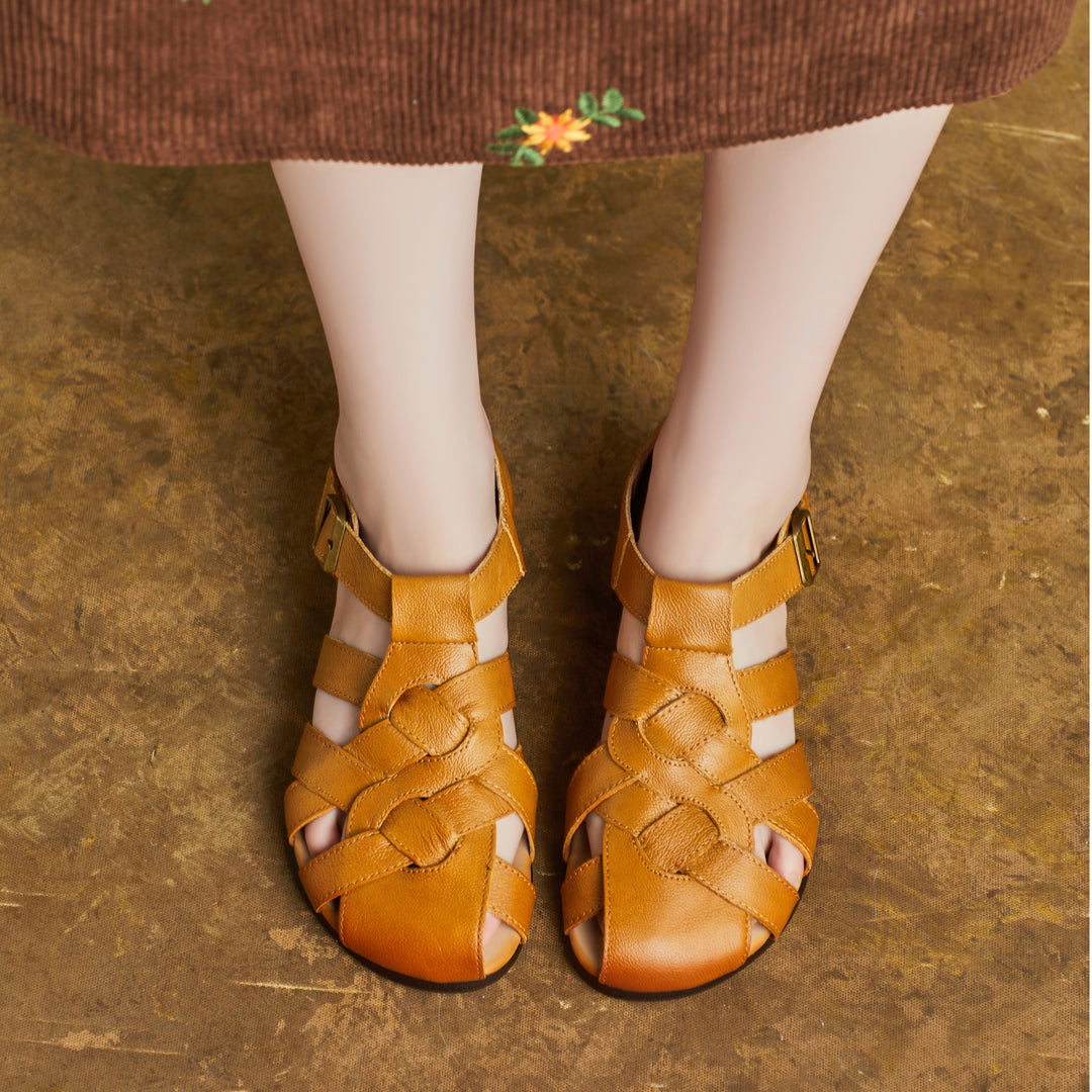 Women Handmade Leather Closed Toe Flat Comfort Buckle Fisherman Shoes Sandals