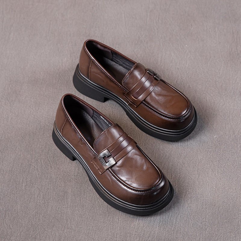 Women's Leather Platform Loafers with Chunky Heels and Metal Buckles — Comfortable