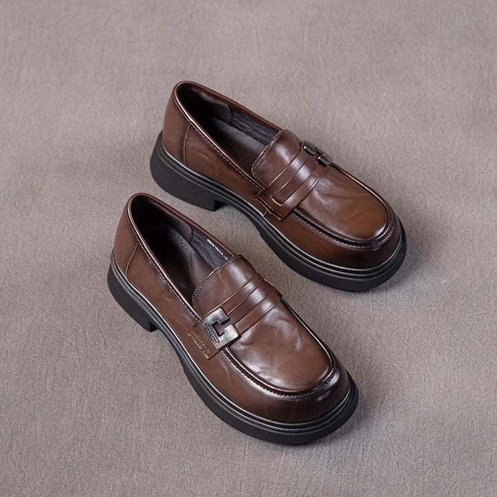 Women's Leather Platform Loafers with Chunky Heels and Metal Buckles — Comfortable
