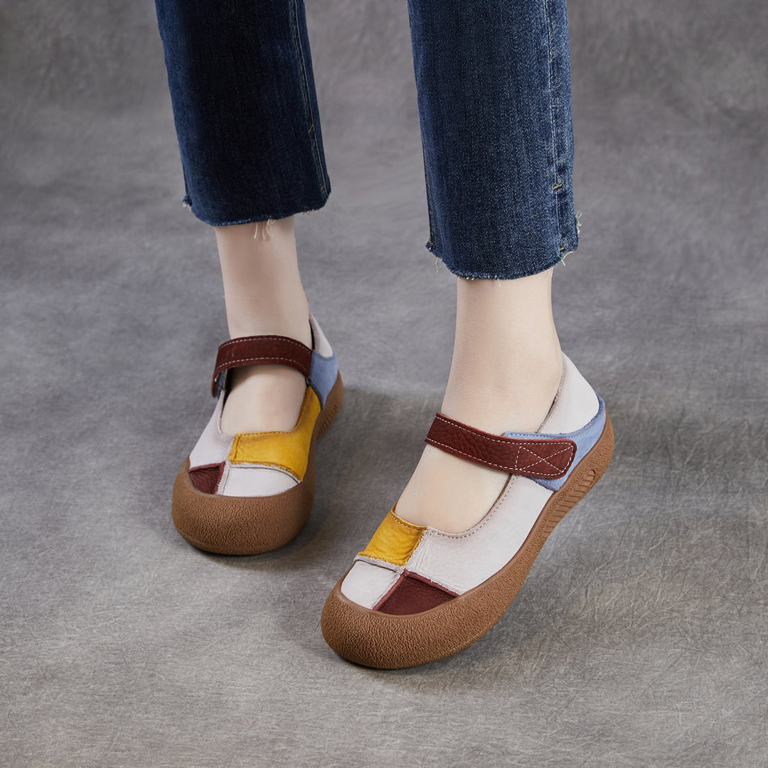 Women’s Leather Colour-Block Mary Jane Flats – Retro Soft Sole Shoes