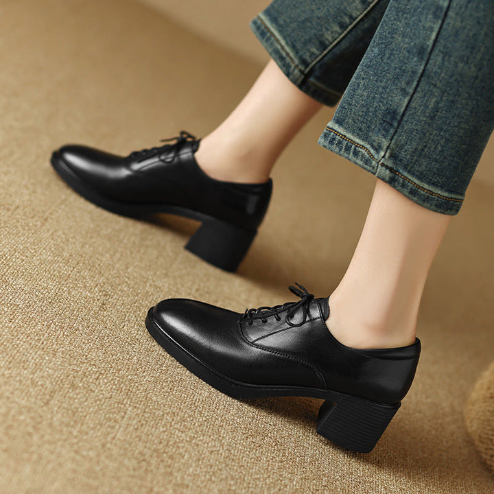 Women's Genuine Leather Oxford Shoes - Block Mid-Heel Lace-Up Design