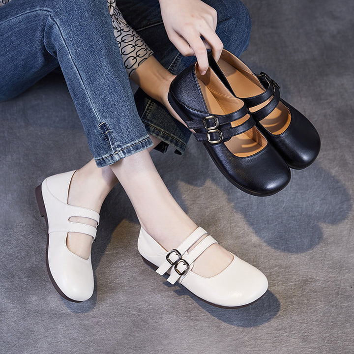 Rounded Toe Comfort Leather Flat Double Strap Mary Jane Women's Shoes