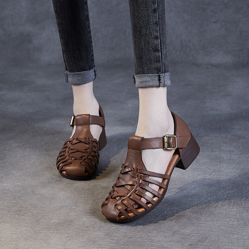Women's Leather Fisherman Sandals - Vintage Interlocking Woven Closed Mid Block Heel Shoes with Buckle