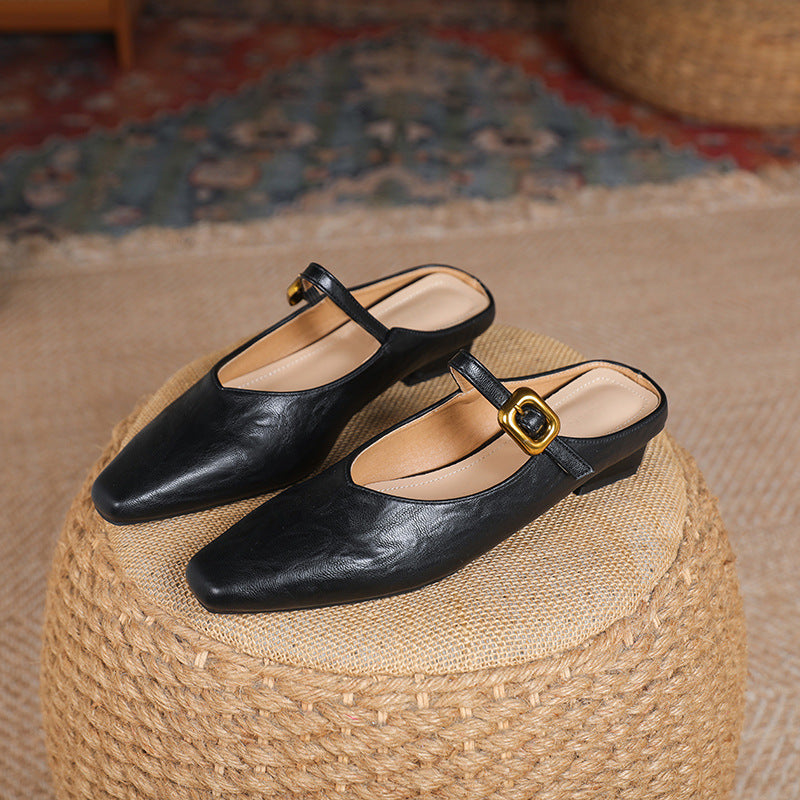 Women's Mary Jane Mules - Square Toe Gold Buckle Low Kitten Heel Slides