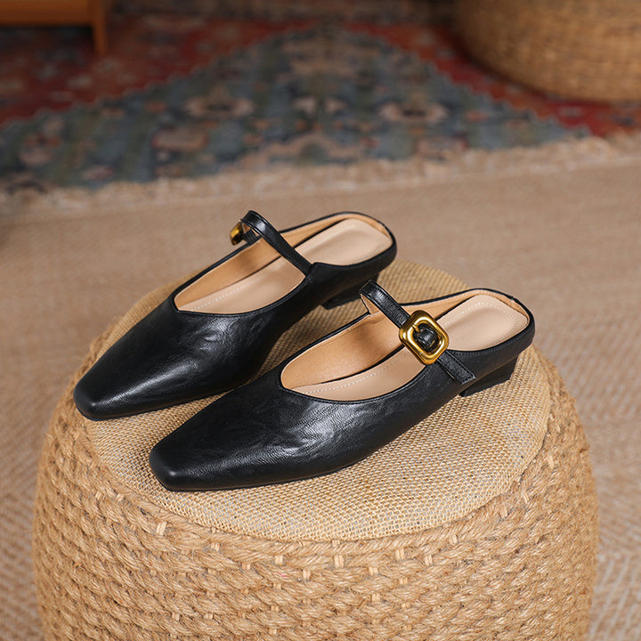 Women's Mary Jane Mules - Square Toe Gold Buckle Low Kitten Heel Slides