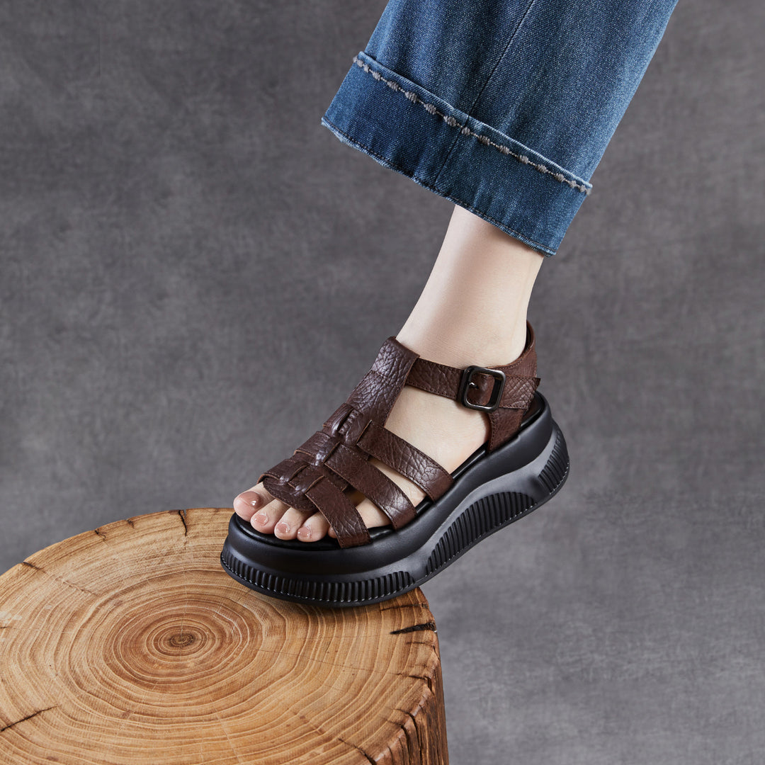 Women's Retro Leather Roman Sandals Vintage Round Toe Platform Chunky Platform Heels