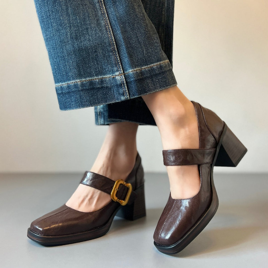 Women's Mary Jane Pumps - Square Toe Gold Buckle High Block Heel Dress Shoes