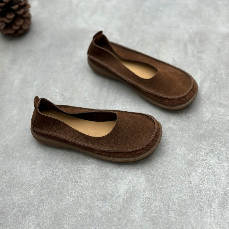 Women’s Minimalist Handmade Leather Slip-On Flats – Round Toe Casual Shoes
