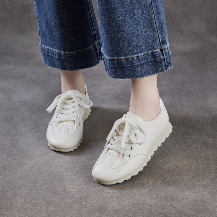 Women's Minimalist Architectural White Trainers - Premium All-Leather Walking Shoes