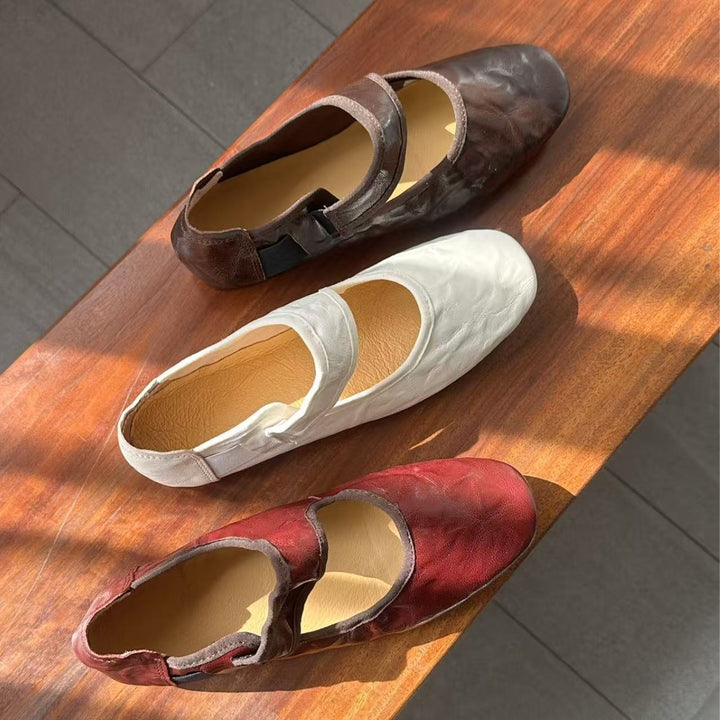 Women's Retro Lambskin Mary Jane Flats Vintage Square Toe Elastic Strap Ballet Shoes