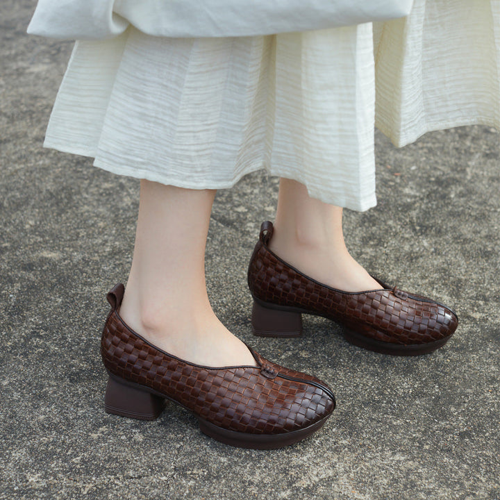 Women's Hand-Woven Loafers - Breathable Unlined Leather Shoes - Wedge Heel