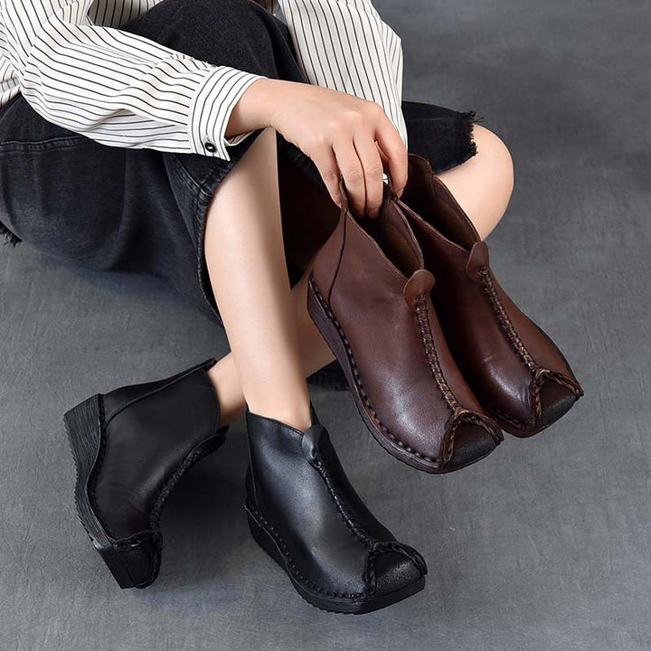 Women's Leather Ankle Boots - Vintage Wedge Low Heel Booties, Zipper Round Toe Stitching Fall Winter Shoes