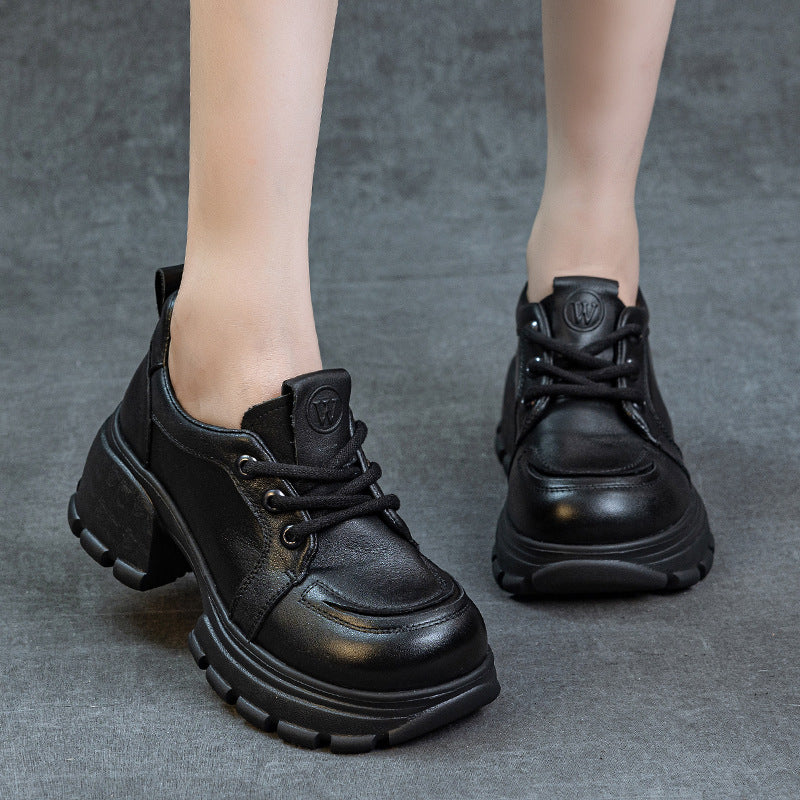 Women's Platform Genuine Leather Sneakers Chunky Heel Lace Up Casual Oxfords