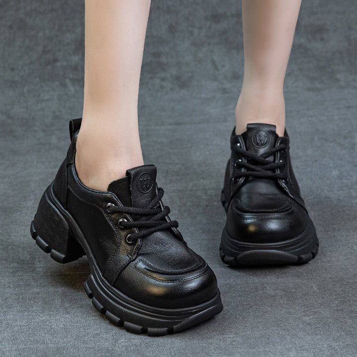 Women's Platform Genuine Leather Sneakers Chunky Heel Lace Up Casual Oxfords