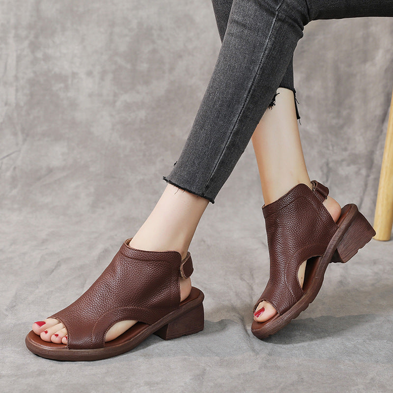 Women's Leather Block Heel Hollow Out Open Toe Sandals