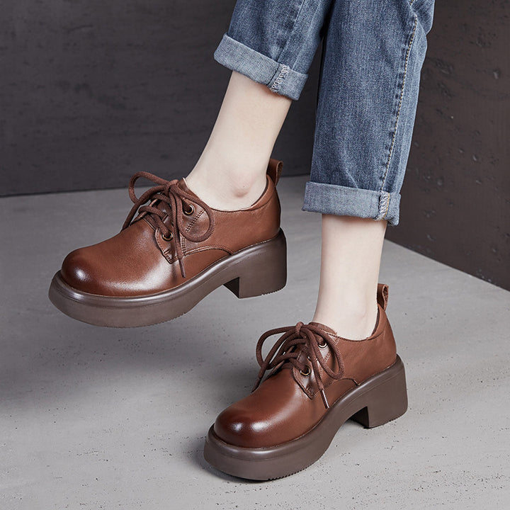 Women's Retro Leather Oxford Shoes Vintage Round Toe Platform Lace-up Chunky Heels