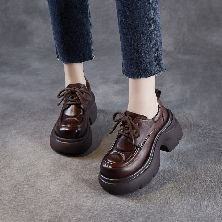 Women's Platform Genuine Leather Oxfords High Chunky Heel Lace Up Casual Shoes