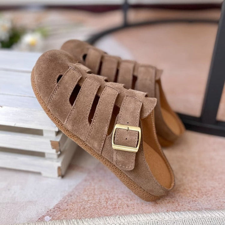 Women's Suede Round Toe Hollowed Out Casual Buckle Mule
