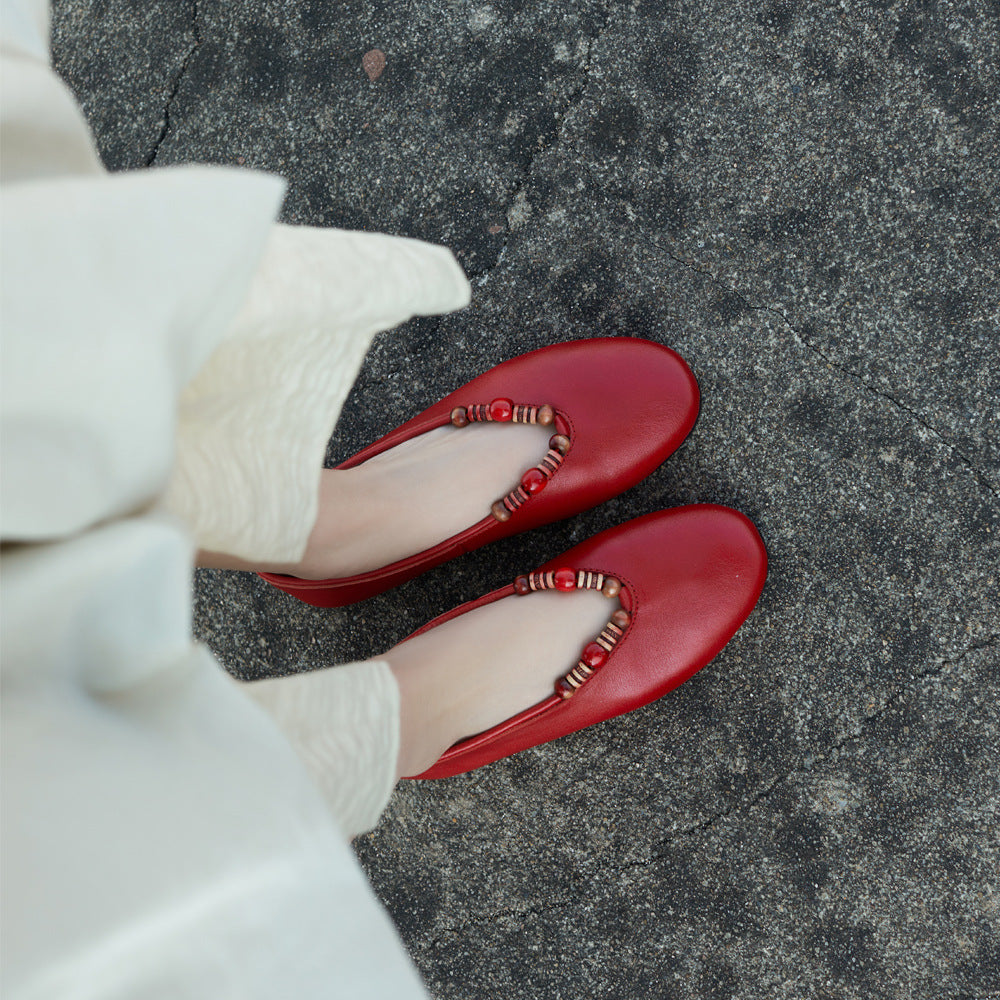 Women's Leather Ballet Flats - Vintage Beaded Loafers, Slip-on Round Toe Spring Summer Comfort Shoes