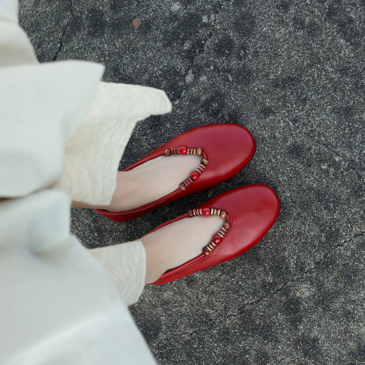 Women's Leather Ballet Flats - Vintage Beaded Loafers, Slip-on Round Toe Spring Summer Comfort Shoes