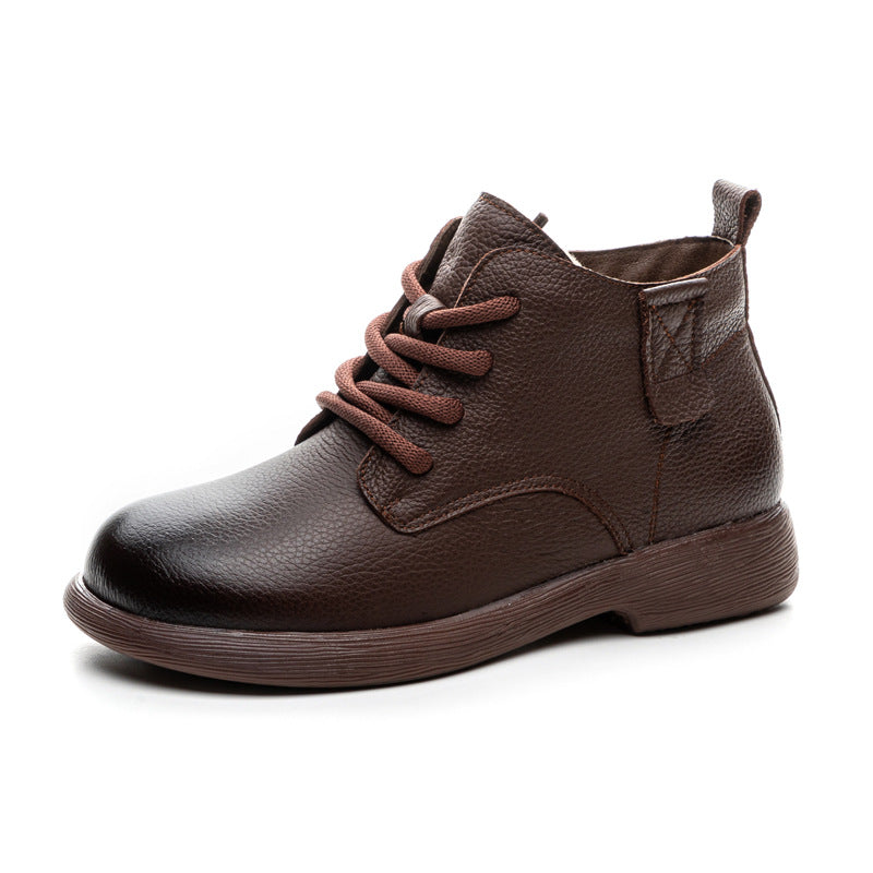 Women's Leather Ankle Boots - Vintage Round Toe Lace-Up Side Zipper Oxford Booties Comfort Walking Shoes